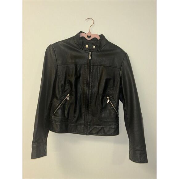 Y2K Bandolino Black Leather Jacket Moto Racing Sz Med Vintage Coat Classic Cool - Picture 1 of 4